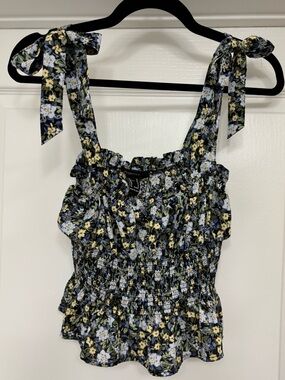 Black Floral Tie-Shoulder Smocked Crop Top